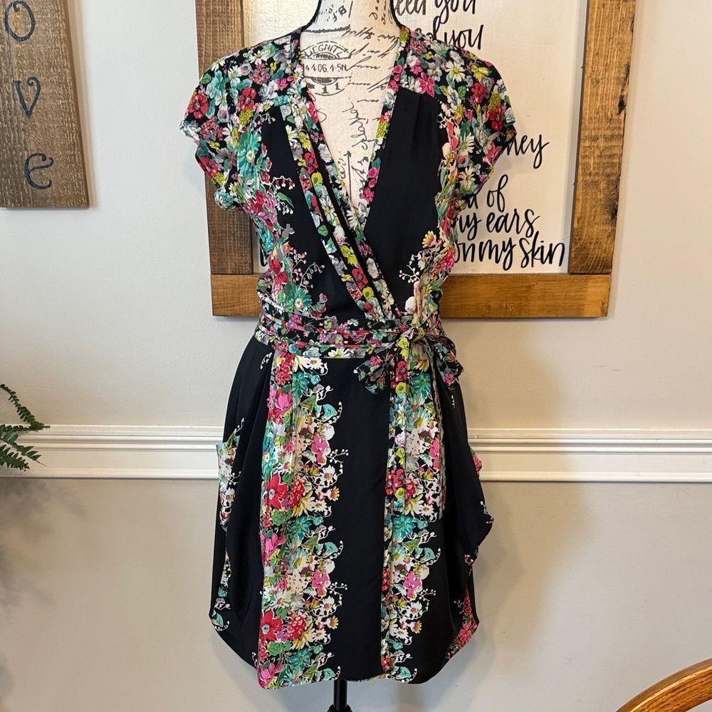 Nanette Lepore Ladies Black Floral Silk Wrap Lined Dress